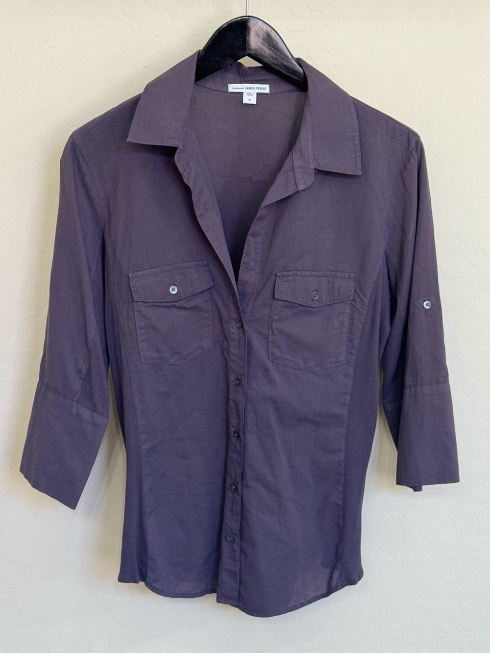 Standard James Perse Charcoal Purple Roll-Tab Sleeve Button-Up Shirt Size 4